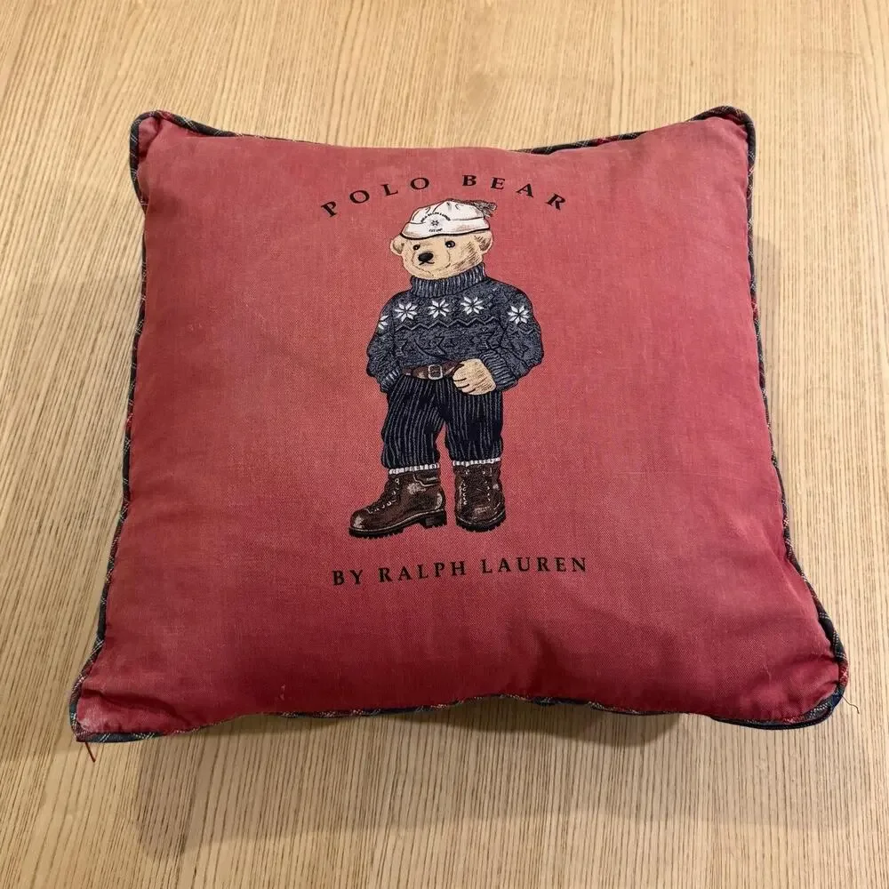 Ralph Lauren Polo Bear Throw Pillow Washed Red 18x18 Square Cotton Blend Indoor